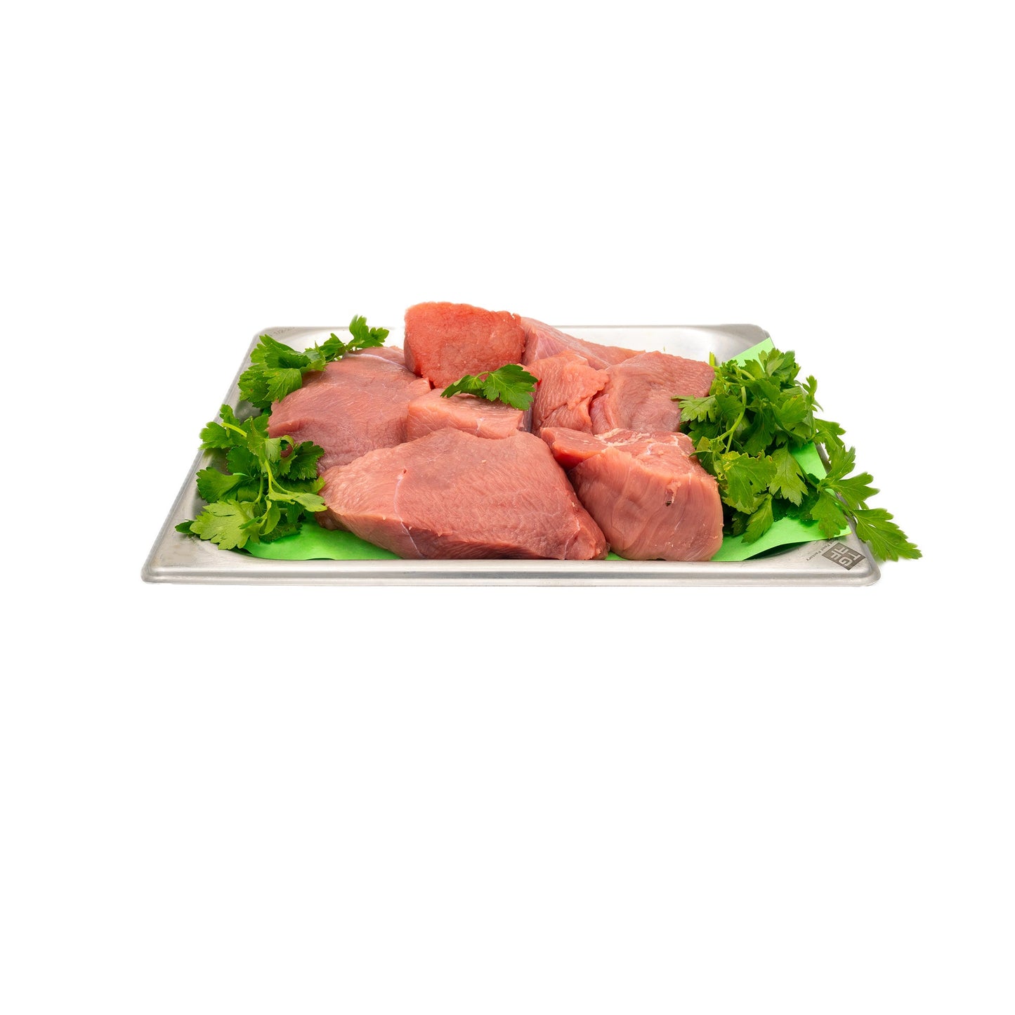 Plateau de morceaux de blanquette de veau sans os avec garniture de persil frais