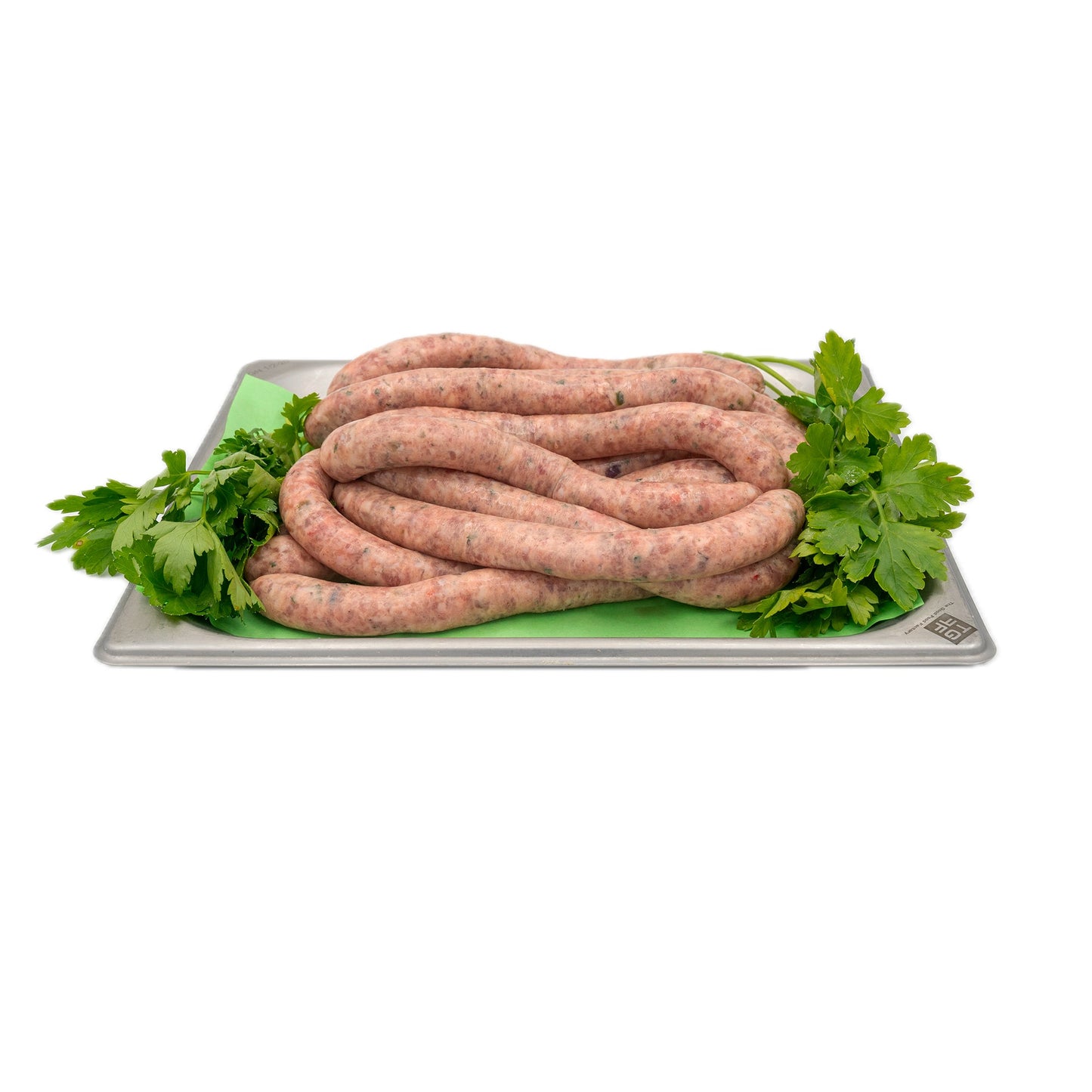 Saucisses de veau halal sur plateau avec persil - Boucherie Al-Itihad